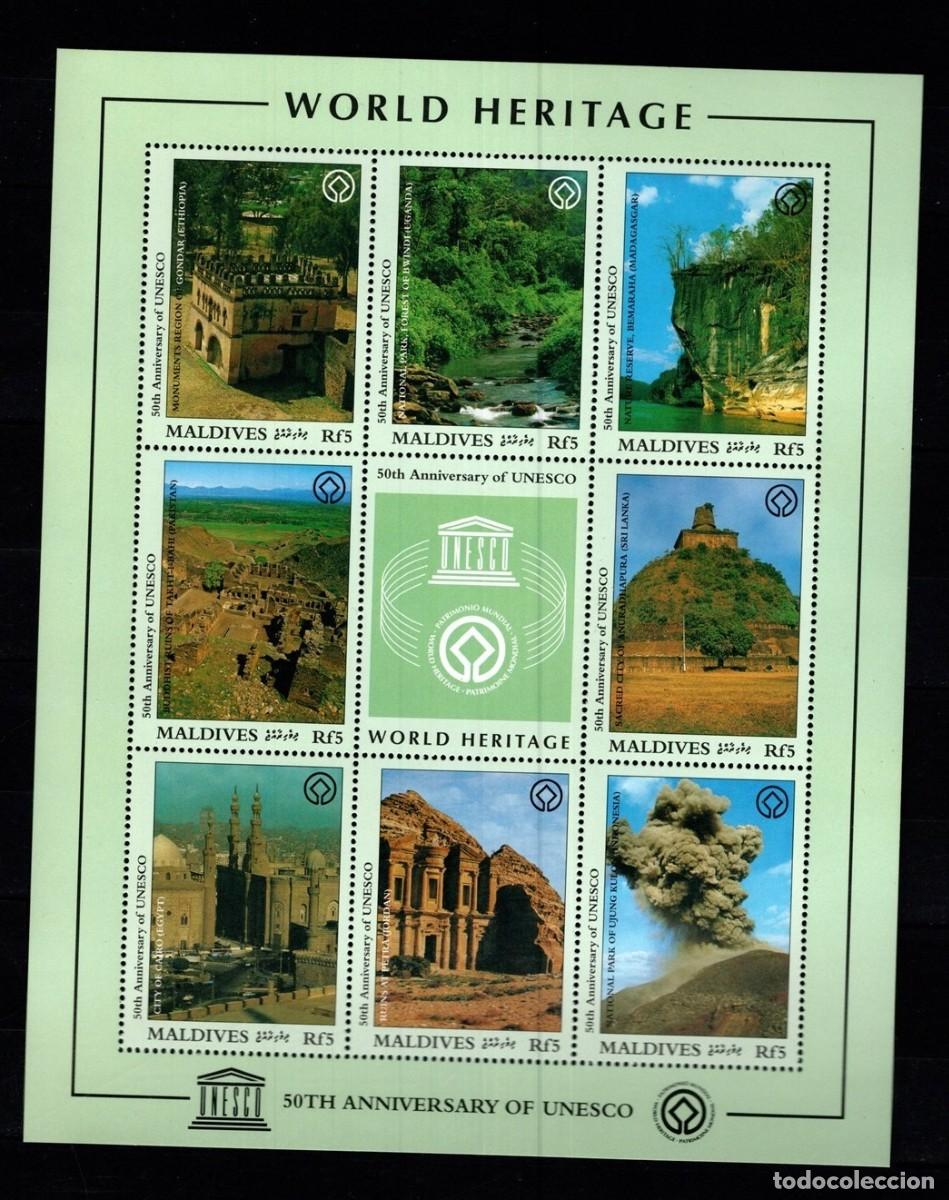 Sellos: MALDIVES 1997 SHEET MNH 50th ANIVERSARIO DE LA UNESCO PATRIMONIO DE LA HUMANIDAD WORLD HERITAGE