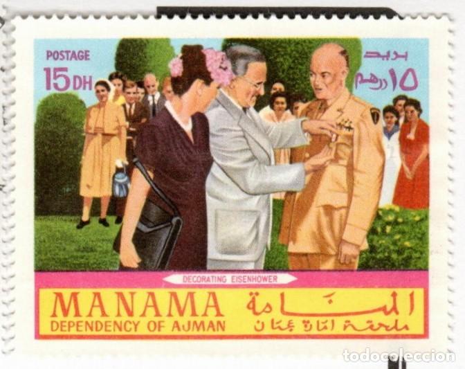 Sellos: Manama. Ajman. Condecorando a Eisenhower. 1970. YT-No listado. Nuevo Matasello de Cortes&iacute;a.