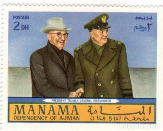 Sellos: Manama. Ajman. Truman y Eisenhower. 1970. YT-No listado. Nuevo Matasello de Cortes&iacute;a.