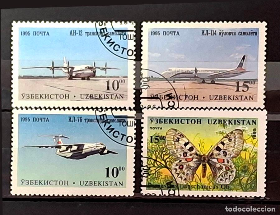 Francobolli: 4 sellos de Uzbekist&aacute;n - Aviones y mariposa