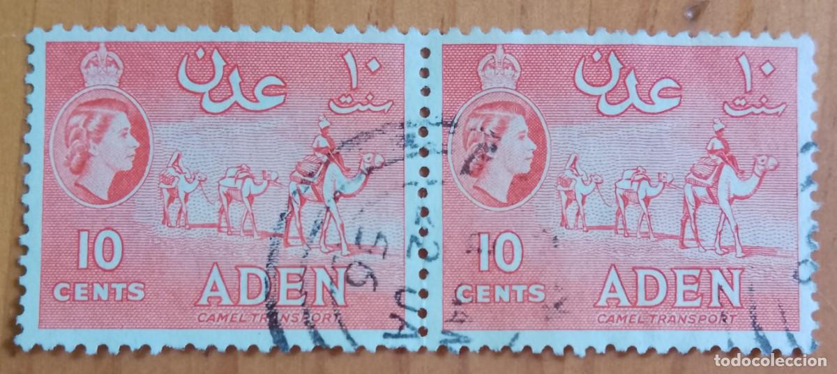 Sellos: ADEN - 10 CENTS, TIRA 2 SELLOS 1953.59, REINA ISABEL II, CARAVANA - VER DESCRIPCI&Oacute;N