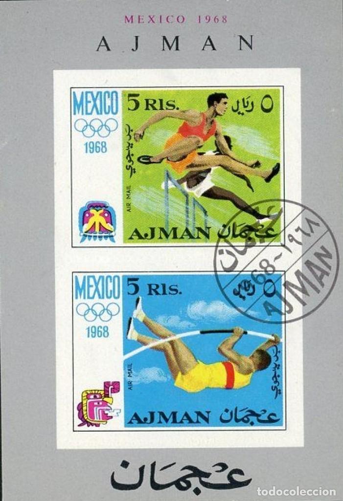 Sellos: AJMAN 1968 SHEET USED MNH IMPERF MEXICO OLYMPIC GAMES JEUX OLYMPIQUES JUEGOS OLIMPICOS DEPORTES
