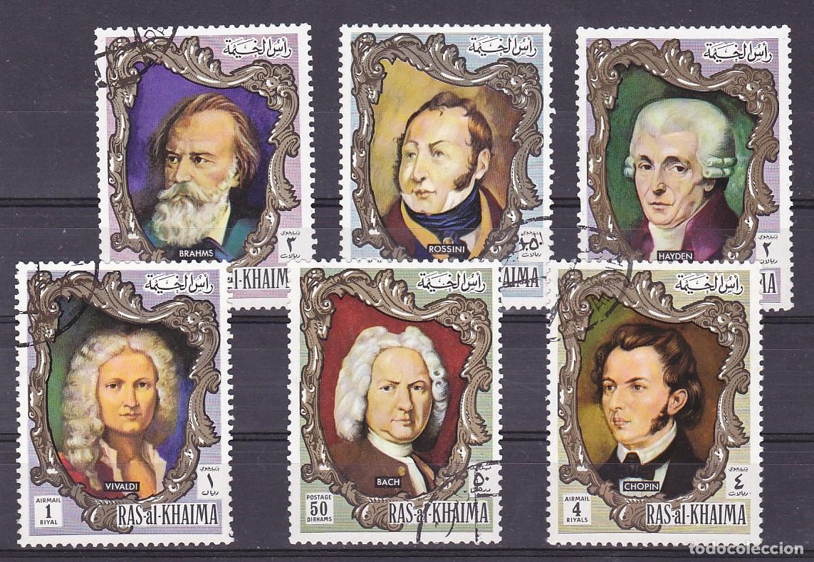 Sellos: RAS AL-KHAIMAH 1971 6 STAMPS USED MNH VIVALDI BACH CHOPIN HAYDEN ROSSINI BRAHMS COMPOSITORES