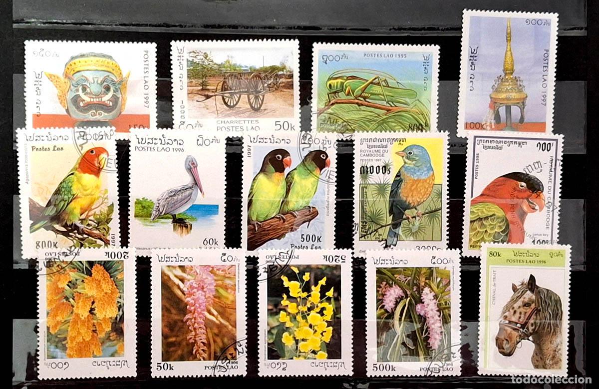 Timbres: 14 sellos de Laos - Aves, flores, fauna