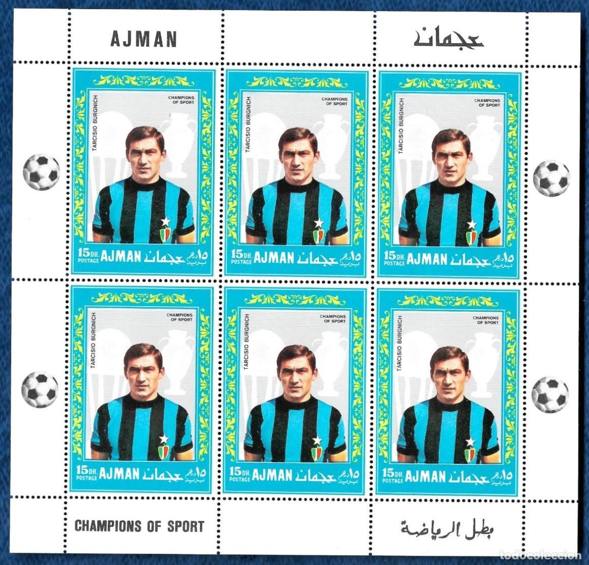 Sellos: AJMAN 1968 SHEET MNH TARCISIO BURGNICH INTER DE MILAN CAMPEONES DEL DEPORTE FUTBOL FOOTBALL DEPORTES