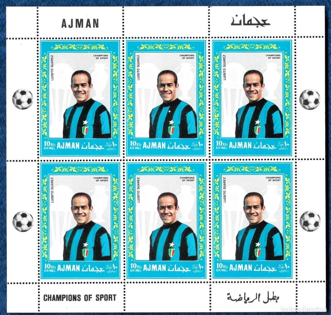 Sellos: AJMAN 1968 SHEET MNH LUIS SUAREZ INTER DE MILAN CAMPEONES DEL DEPORTE FUTBOL FOOTBALL DEPORTES