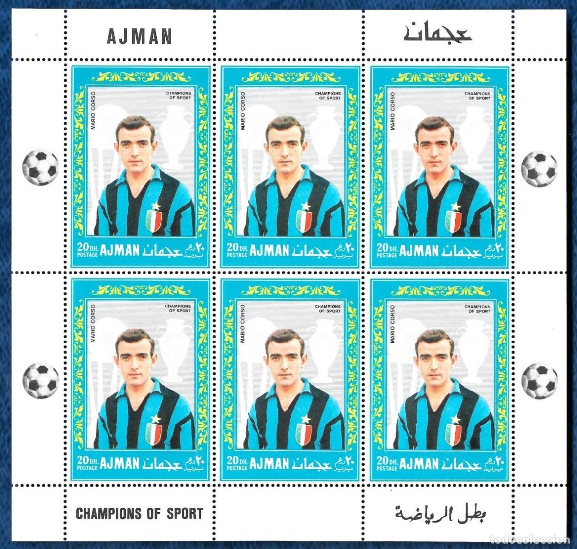Sellos: AJMAN 1968 SHEET MNH MARIO CORSO INTER DE MILAN CAMPEONES DEL DEPORTE FUTBOL FOOTBALL DEPORTES