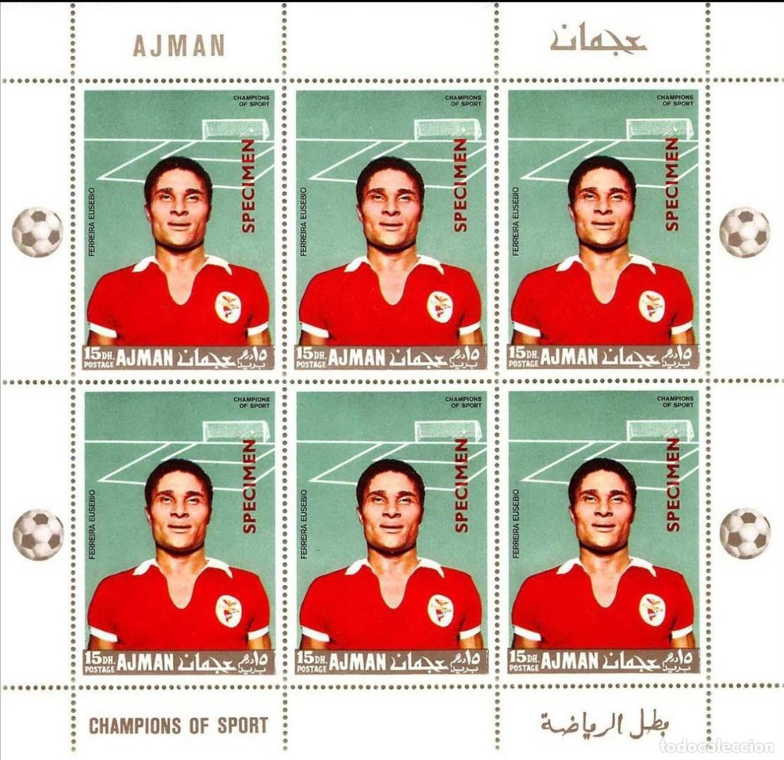 Sellos: AJMAN 1968 SHEET MNH SPECIMEN CAMPEONES DEL DEPORTE EUSEBIO BENFICA PRIMEIRA LIGA FUTBOL FOOTBALL