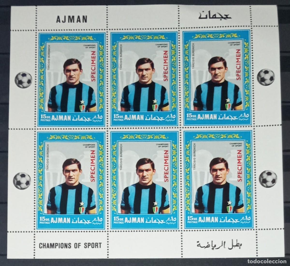 Sellos: AJMAN 1968 SHEET MNH SPECIMEN TARCISIO BURGNICH INTER DE MILAN CAMPEONES DEL DEPORTE FUTBOL FOOTBALL