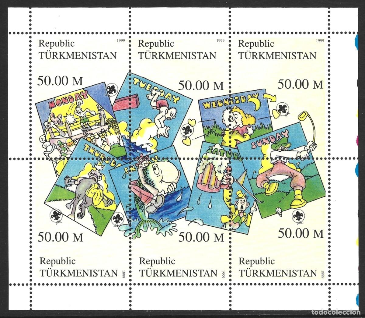 Sellos: TURKMENISTAN 1999 SHEET MNH LOS DIAS DE LA SEMANA EN ILUSTRACIONES COMICAS ACTIVIDADES DEPORTIVAS