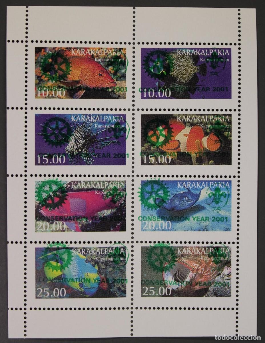 Sellos: KARAKALPAKIA 1997 SHEET MNH GREEN OVERPRINTED ROTARY SCOUTS LOGO FAUNA MARINA FISHES PECES POISSONS