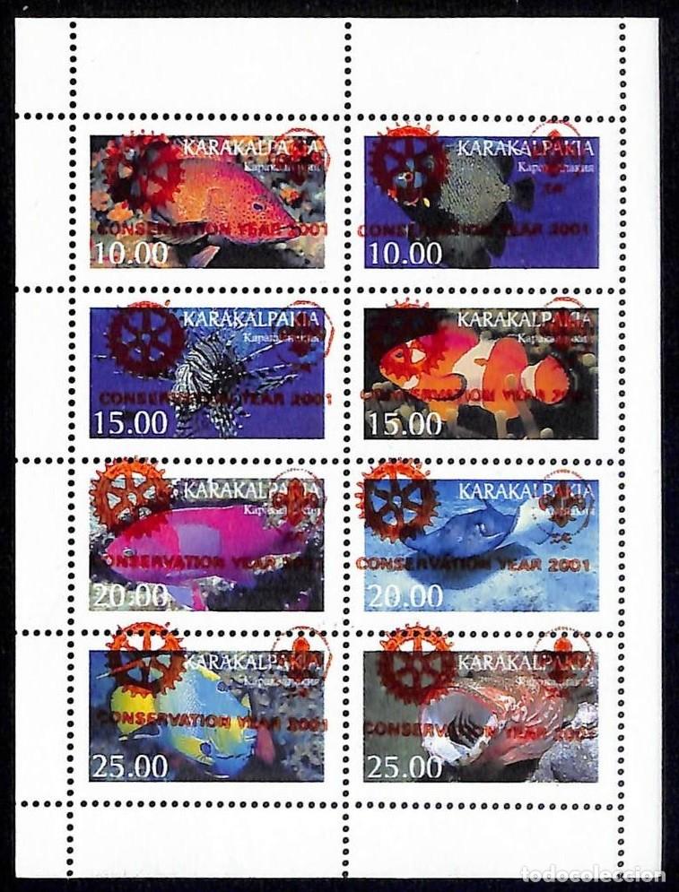 Sellos: KARAKALPAKIA 1997 SHEET MNH RED OVERPRINTED ROTARY SCOUTS LOGO FAUNA MARINA FISHES PECES POISSONS