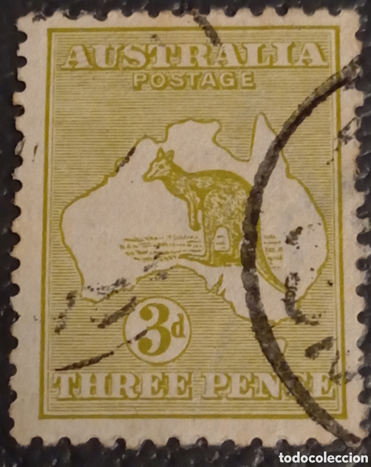 Sellos: Sello Australia 1913 - Canguro y Mapa 3d Oliva - Cat&aacute;logo Scott #5 (Usado)