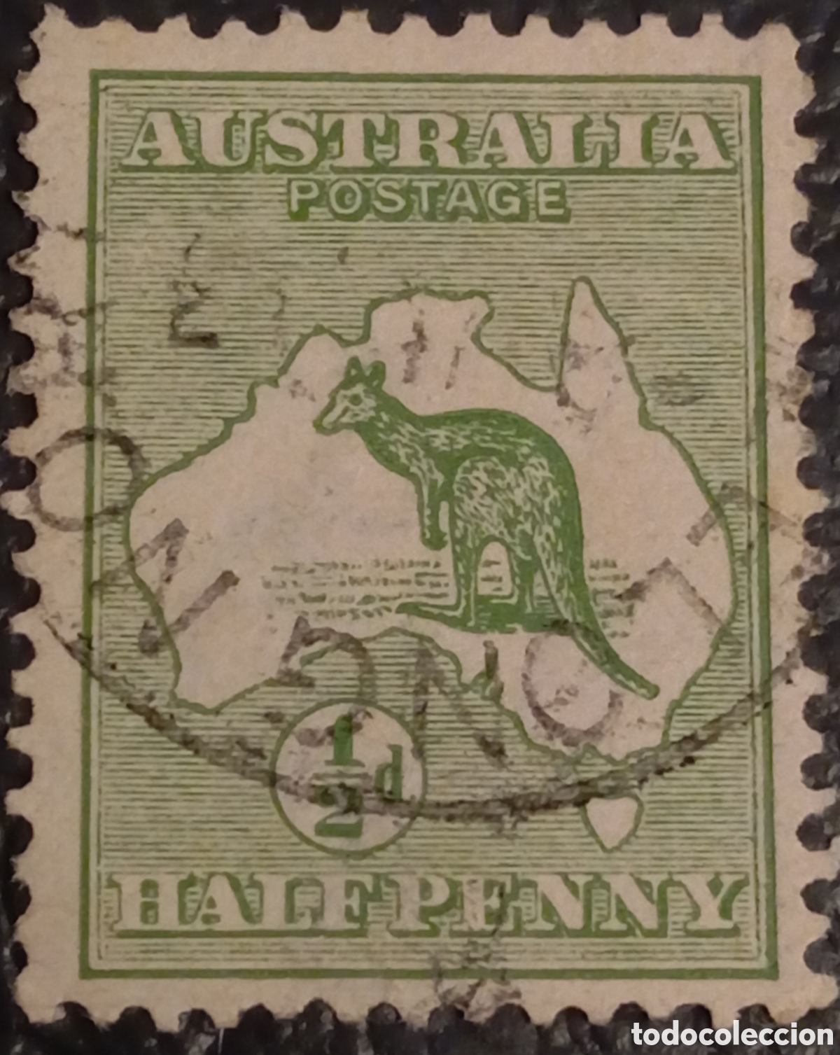 Sellos: Australia 1913 - Sello Canguro y Mapa 1/2d Verde - Scott #1 (Usado)