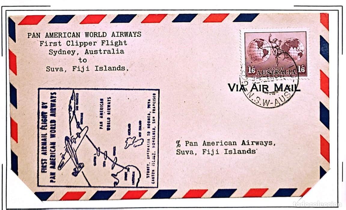 Sellos: O) 1934 circa, AUSTRALIA, PAN-AMERICAN WORLD AIRWAYS, FIRST CLIPPER FLIGHT SIDNEY - AUTRALIA TO SUVA