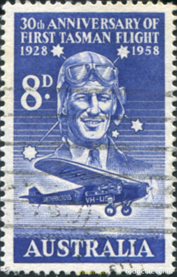 Sellos: 789590 USED AUSTRALIA 1958 30 ANIVERSARIO DEL PRIMER VUELO SOBRE EL MAR DE TASMANIA