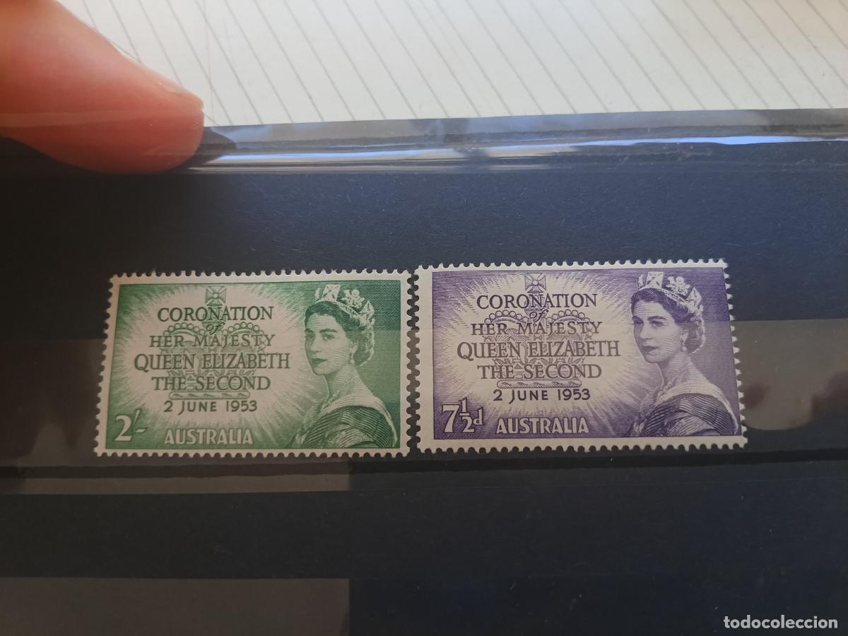 Sellos: Australia. Coronaci&oacute;n Elizabeth II 1953 lote de 2 sellos nuevos, con se&ntilde;al de fijasellos