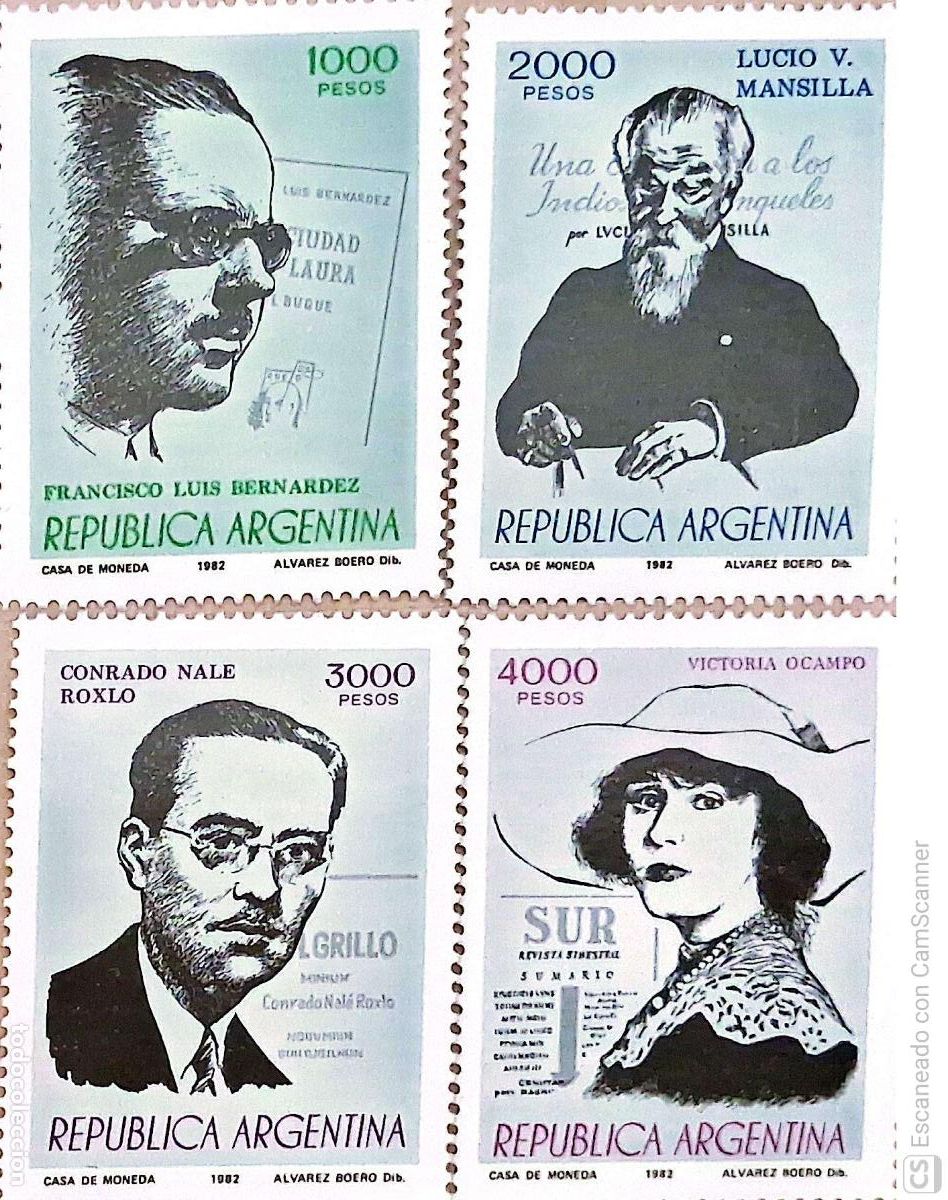 Sellos: Argentina. 1281/84 Escritores argentinos: Bernardez, Mansilla, Nal&eacute; y Victoria Ocampo. 1982Sellos nu
