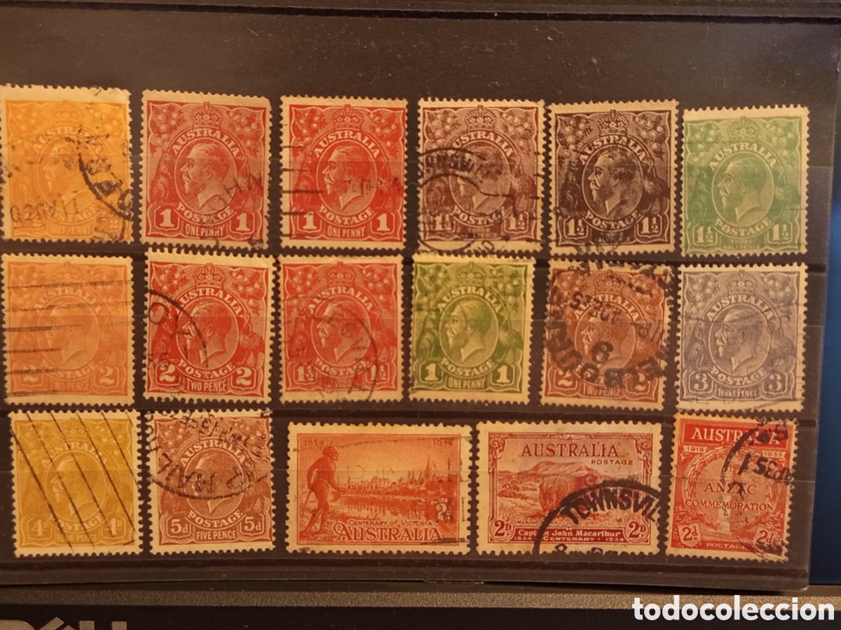 Sellos: Tarjeta con Lote de 17 Sellos Cl&aacute;sicos de Australia (A&ntilde;os 1914-1935)