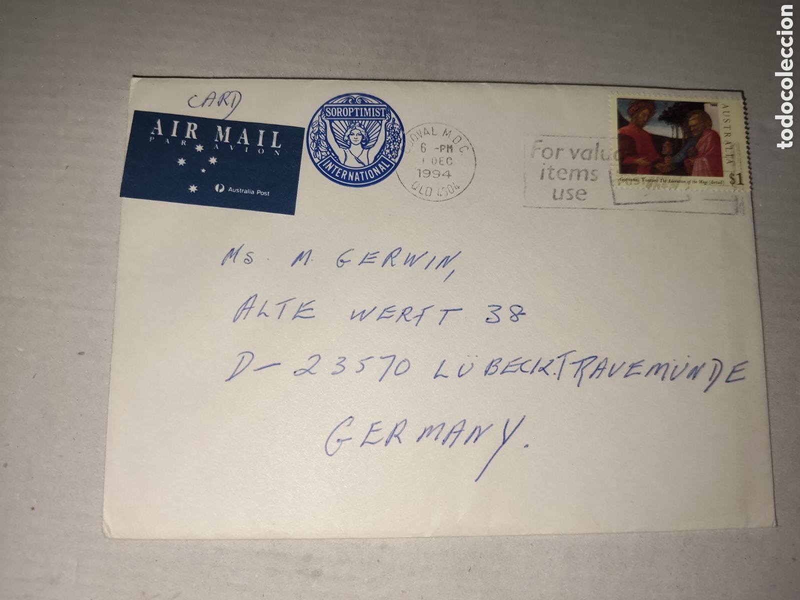 Sellos: Sobre postal con 1 sello enviada desde Australia a Alemania 1994