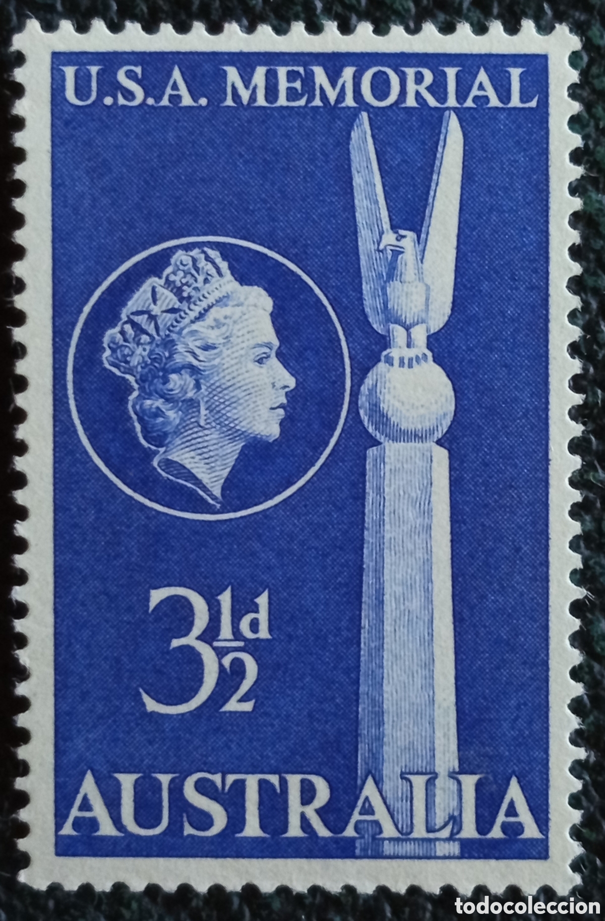 Sellos: Australia 1955 Conmemorativo Monumento USA en Canberra 3&frac12;d Azul MH