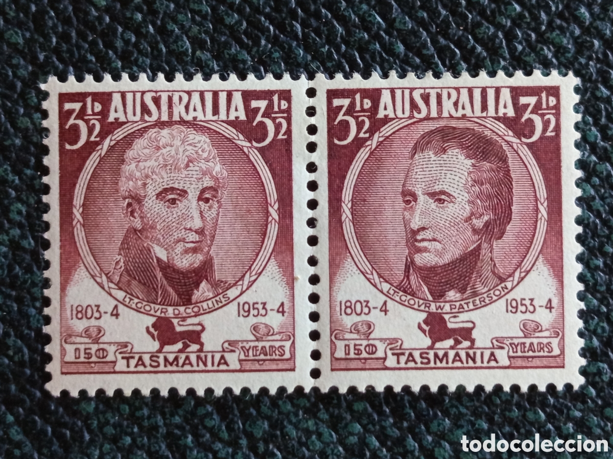 Sellos: Australia 1953 Sesquicentenario de Tasmania Pareja 3&frac12;d Castano MH