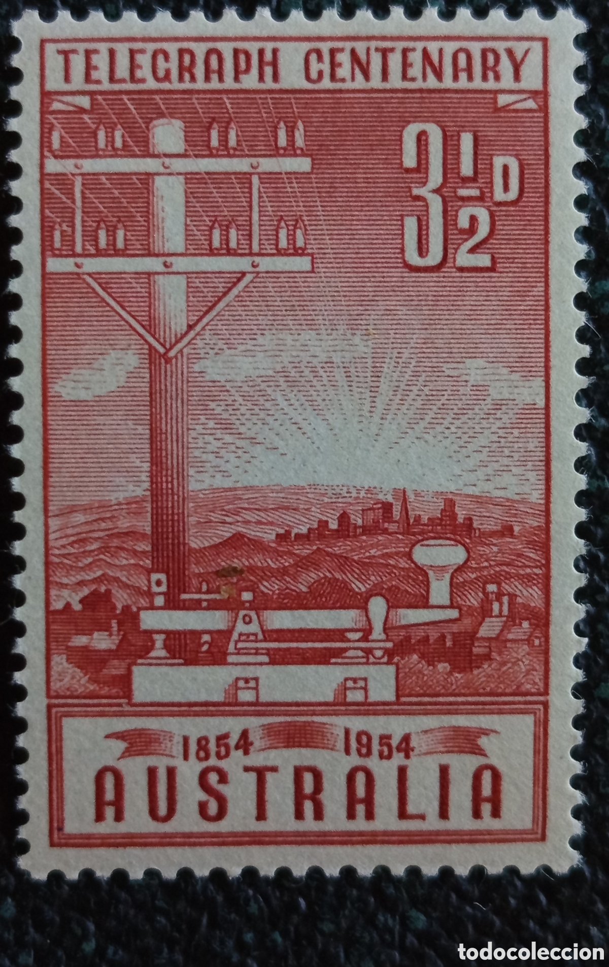 Sellos: Australia 1954 Centenario del Telegrafo 3&frac12;d Rojo Carm&iacute;n MH
