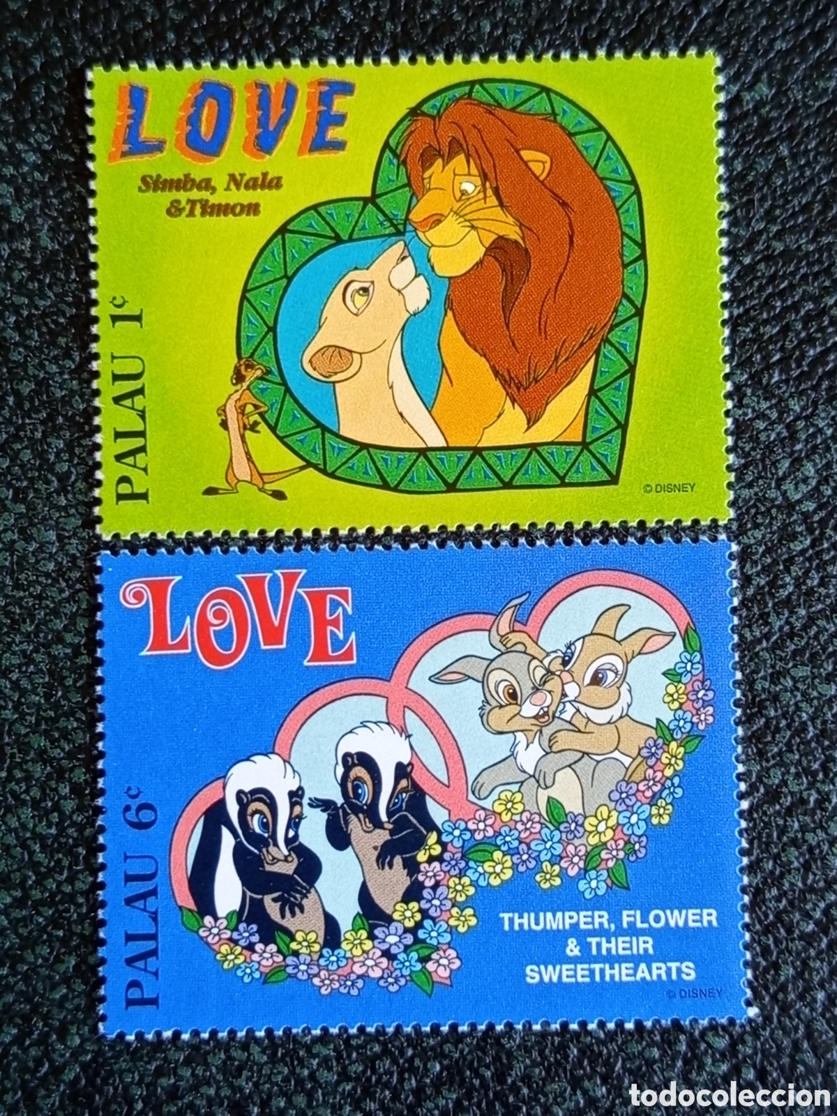 Sellos: Palau 1996 Disney Enamorados Rey Le&oacute;n Simba Lote 2S MNH Ocean&iacute;a (Michel 959-960)