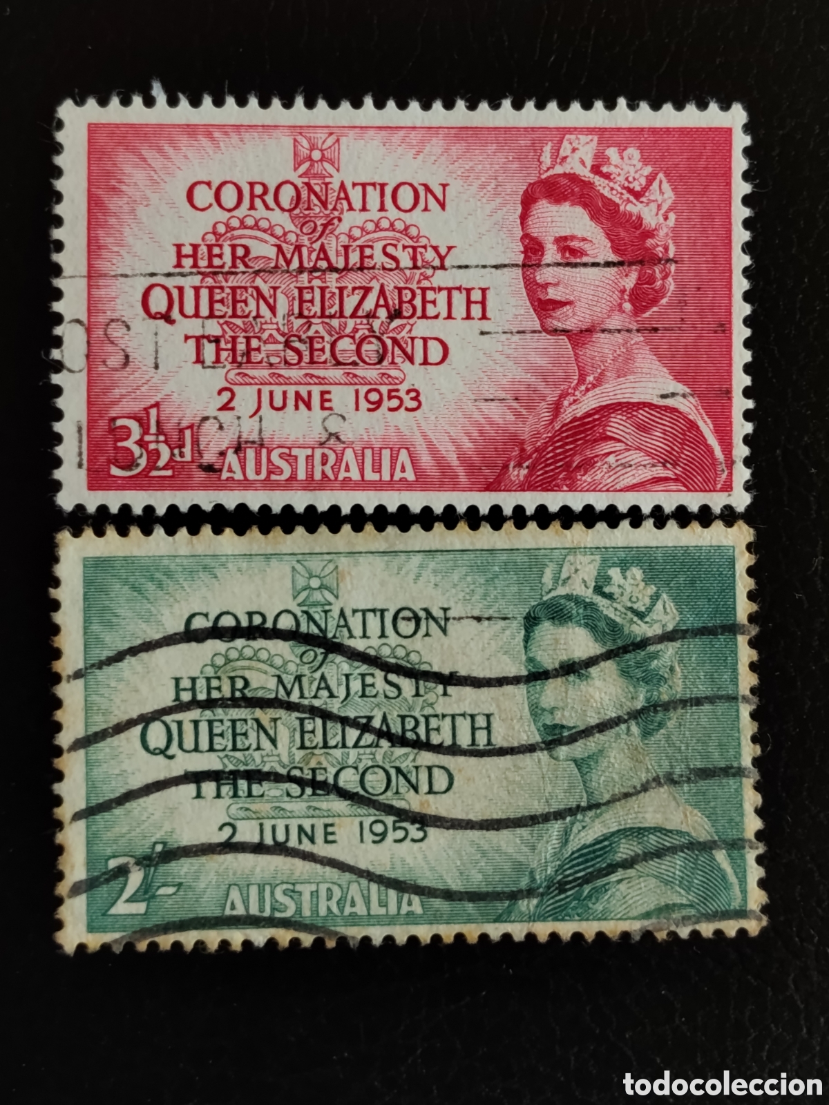 Sellos: Lote 2 Sellos Australia 1953 Coronaci&oacute;n Reina Isabel II Scott 261 y 262