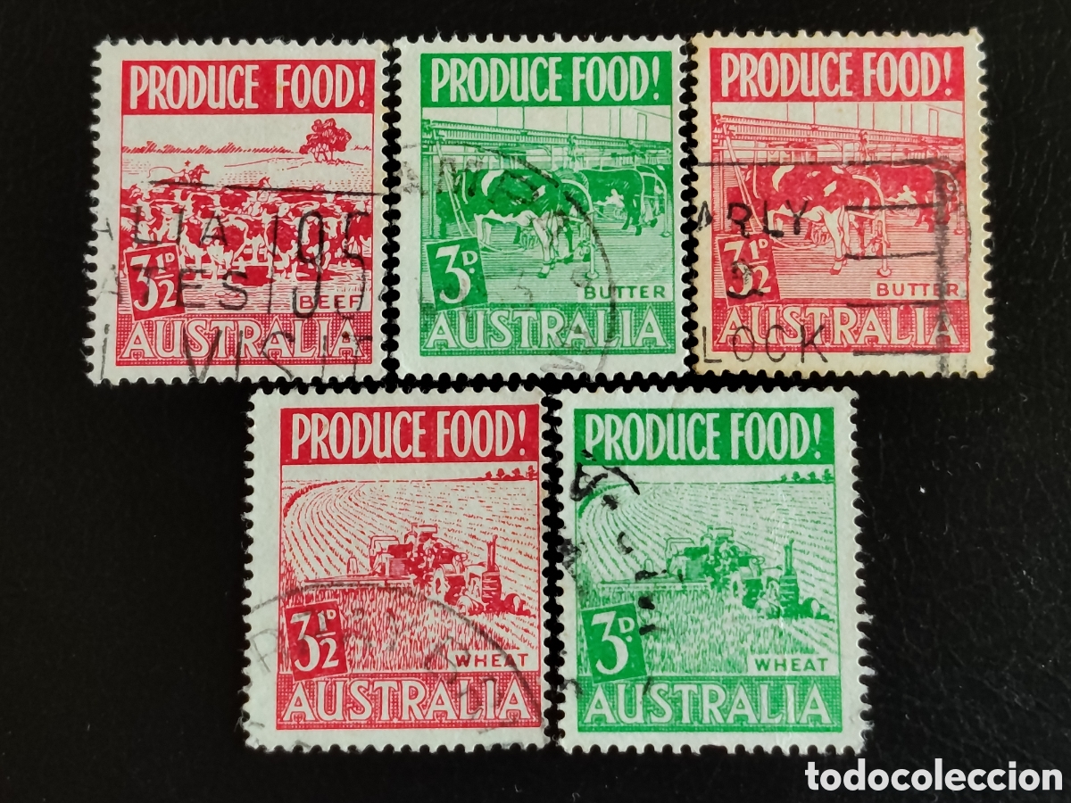 Sellos: Lote 5 Sellos Australia 1953 Campa&ntilde;a Produce Food Usados Michel 228 a 233