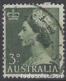 Sellos: AUSTRALIA 1953 - REINA ISABEL II, 3P VERDE OSCURO - USADO