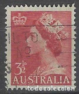Sellos: AUSTRALIA 1953 - REINA ISABEL II, 3&frac12; P ROJO PARDUZCO - USADO