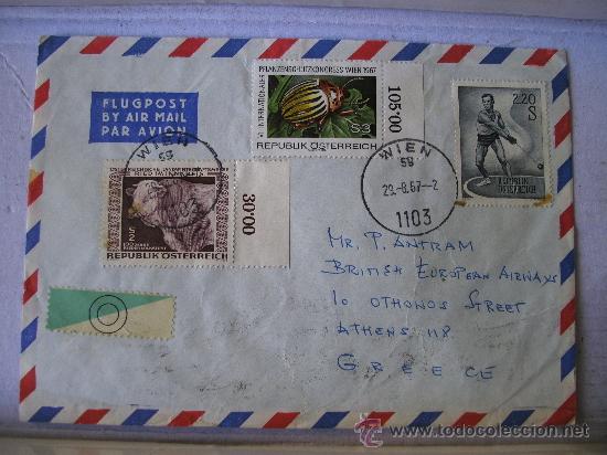 Sellos: sobre circulado BEA british european airways, con sellos austriacos, 1967