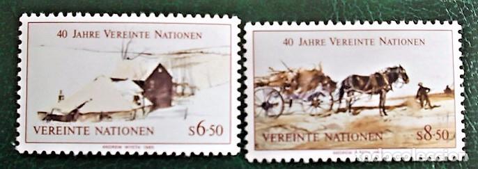 Sellos: Naciones Unidas (Viena). 51/52 40 Aniversario ONU. Paisaje de invierno y de verano. Caballo con carr
