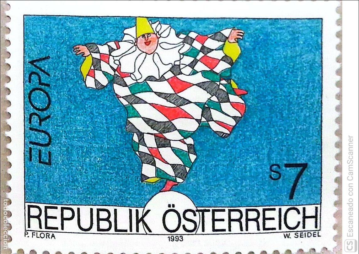 Sellos: Austria. 1922 Europa-Cept: Arte contempor&aacute;neo. Arlequ&iacute;n volando de Paul Flora. 1993. Sellos nuevos y