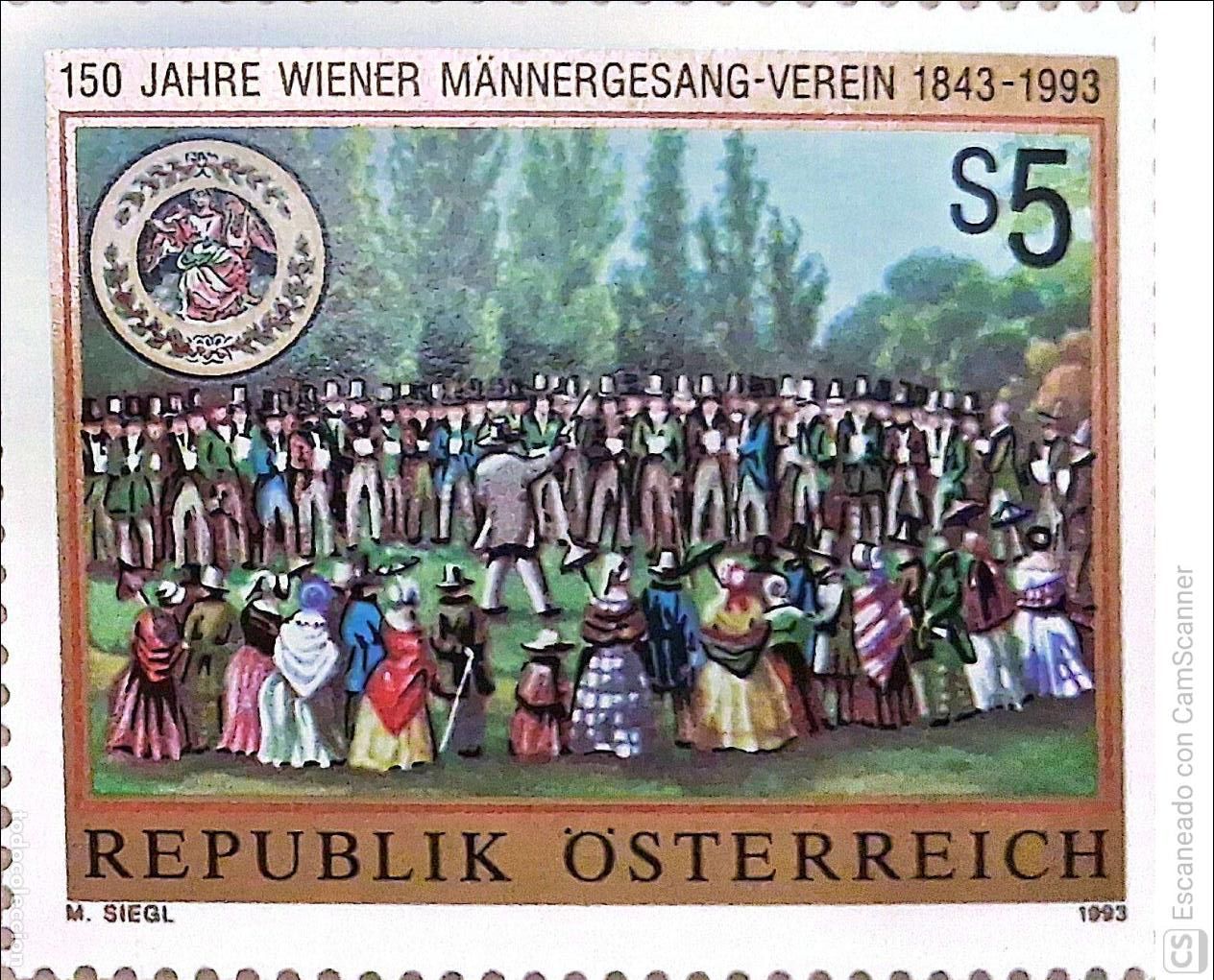 Sellos: Austria. 1936 Asociaci&oacute;n coral Wiener M&auml;nnergesang Verein. 1993. Sellos nuevos y numeraci&oacute;n Yvert.