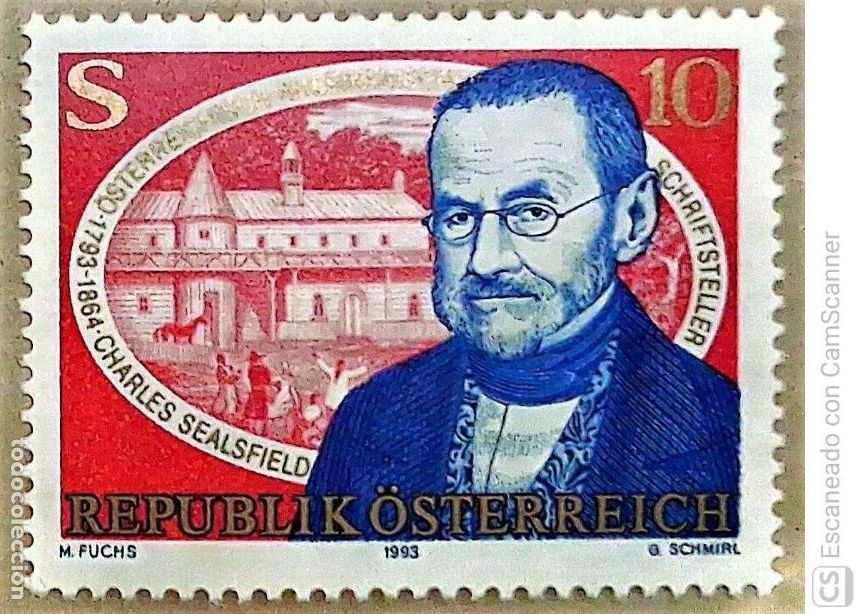 Sellos: Austria. 1919 Escritor Charles Sealsfiel. 1993. Sellos nuevos y numeraci&oacute;n Yvert.