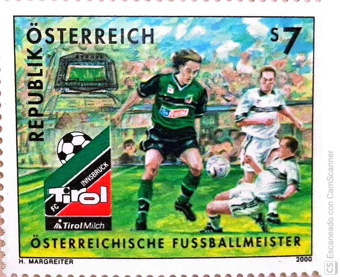 Sellos: Austria. 2134 Campeones de f&uacute;tbol, club FC Tirol: Emblema y jugadores en acci&oacute;n. 2000. Sellos nuevos