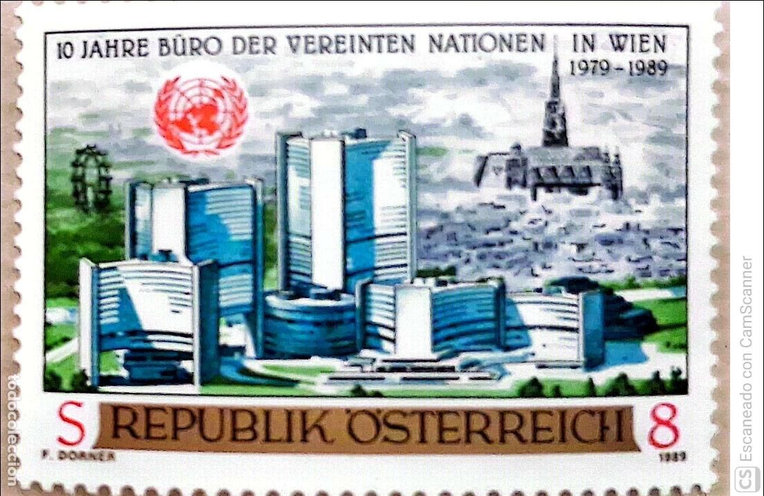 Sellos: Austria. 1795 Aniversario del Centro de las Naciones Unidas de Viena: Vista de los edificios. 1989.