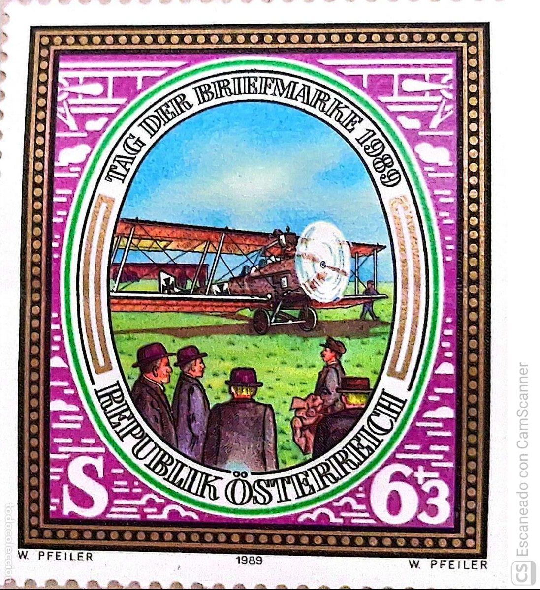 Sellos: Austria. 1788 D&iacute;a del Sello: Avi&oacute;n postal Hansa-Branderburg C1. 1989. Sellos nuevos y numeraci&oacute;n Yv