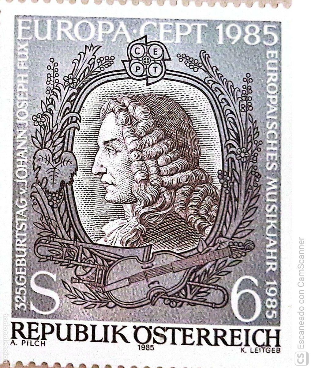 Sellos: Austria. 1640 Europa-Cept. A&ntilde;o europeo de la M&uacute;sica: Retrato del compositor J.J. Fux. 1985. Sellos n