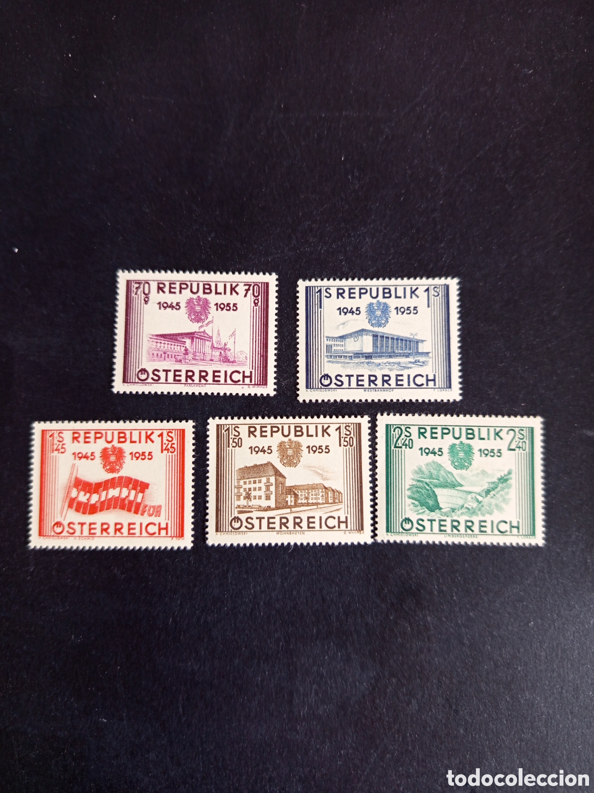 Sellos: AUSTRIA, 1955. 10 Aniversario liberaci&oacute;n. Yvert 845/9. Ver fotos. Pedido m&iacute;nimo 3 &euro;. Serie completa