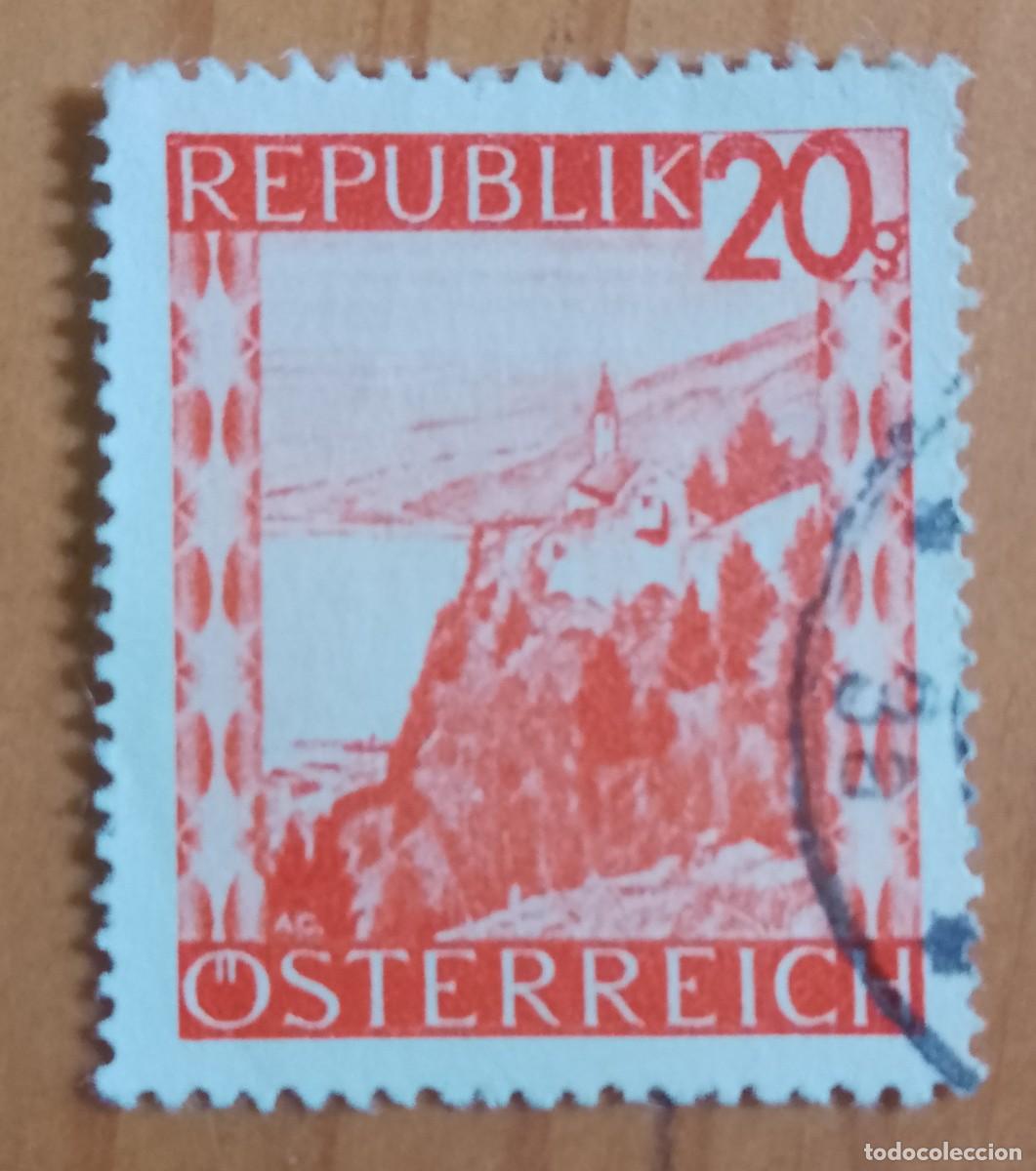 Sellos: AUSTRIA - V/F 20 G - A&Ntilde;O 1945 - PAISAJE: LAGO, MONTA&Ntilde;A E IGLESIA - YV 869