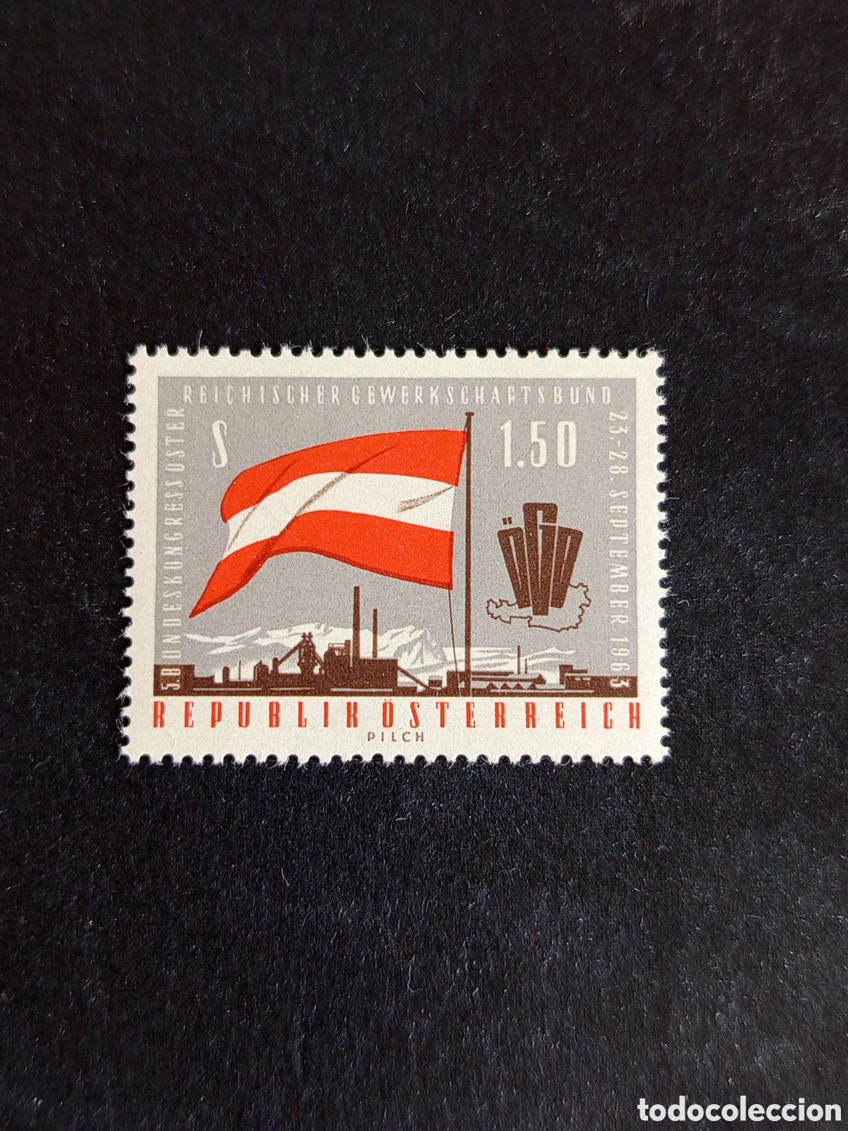 Sellos: AUSTRIA, 1963. Congreso Sindicatos. Bandera. Fabrica. Yvert 970. Ver fotos. Pedido m&iacute;nimo 3 &euro;.