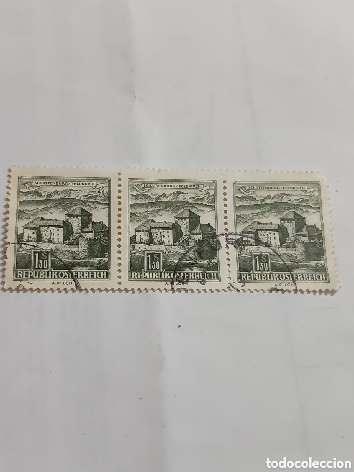 Sellos: Bloque de 3 Sellos de Austria Castillo de Schattenburg en Feldkirch 1967 usados