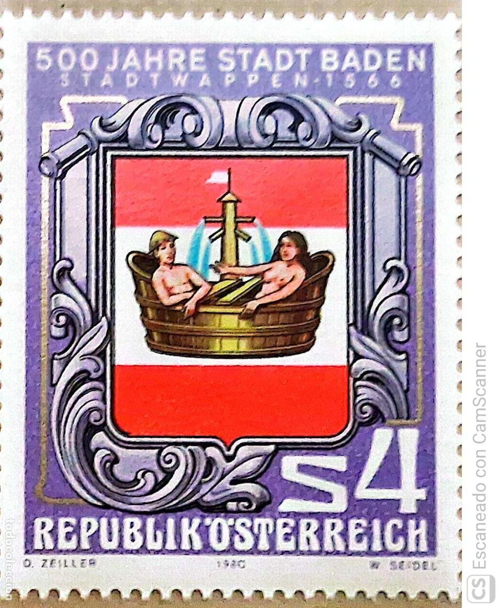 Sellos: Austria. 1460 Centenario de la ciudad de Baden: Escudo. 1980. Sellos nuevos y numeraci&oacute;n Yvert.