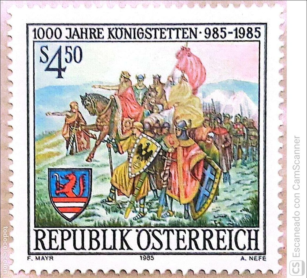 Sellos: Austria. 1654 Milenario de la comuna de Koenigstetten. Ej&eacute;rcito en marca. Caballos y escudos. 1985.