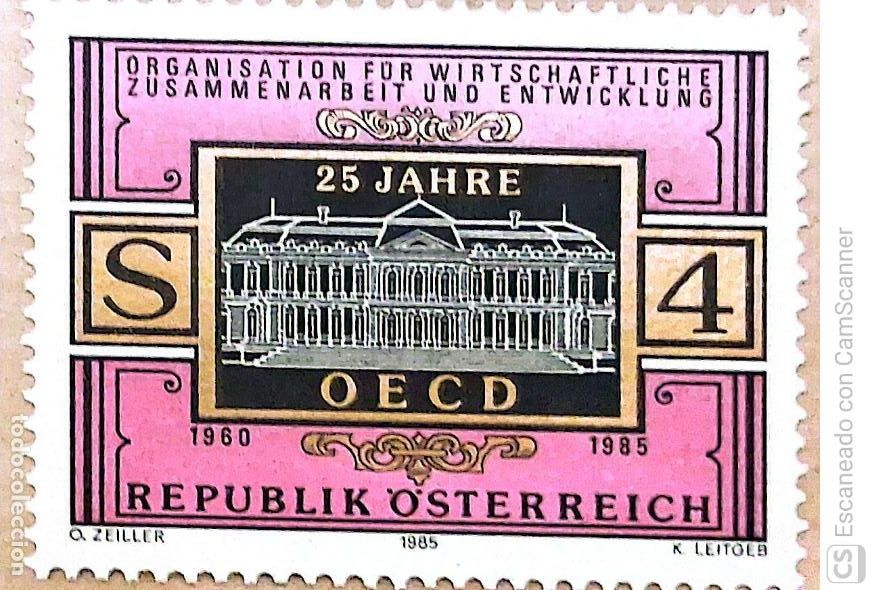 Sellos: Austria. 1664 Aniversario de la OCDE. Castillo de la Muette. 1985. Sellos nuevos y numeraci&oacute;n Yvert.
