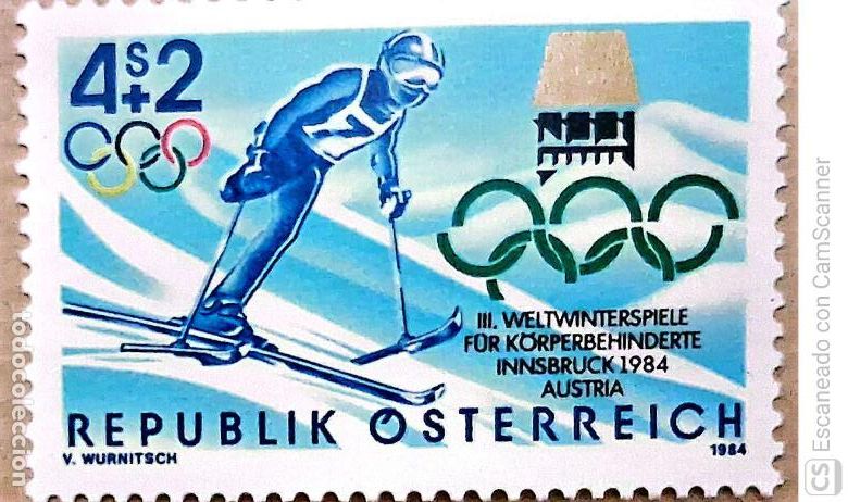 Sellos: Austria. 1594 JJ. OO. de los disminu&iacute;dos f&iacute;sicos:. Ski. 1984. Sellos nuevos y numeraci&oacute;n Yvert.