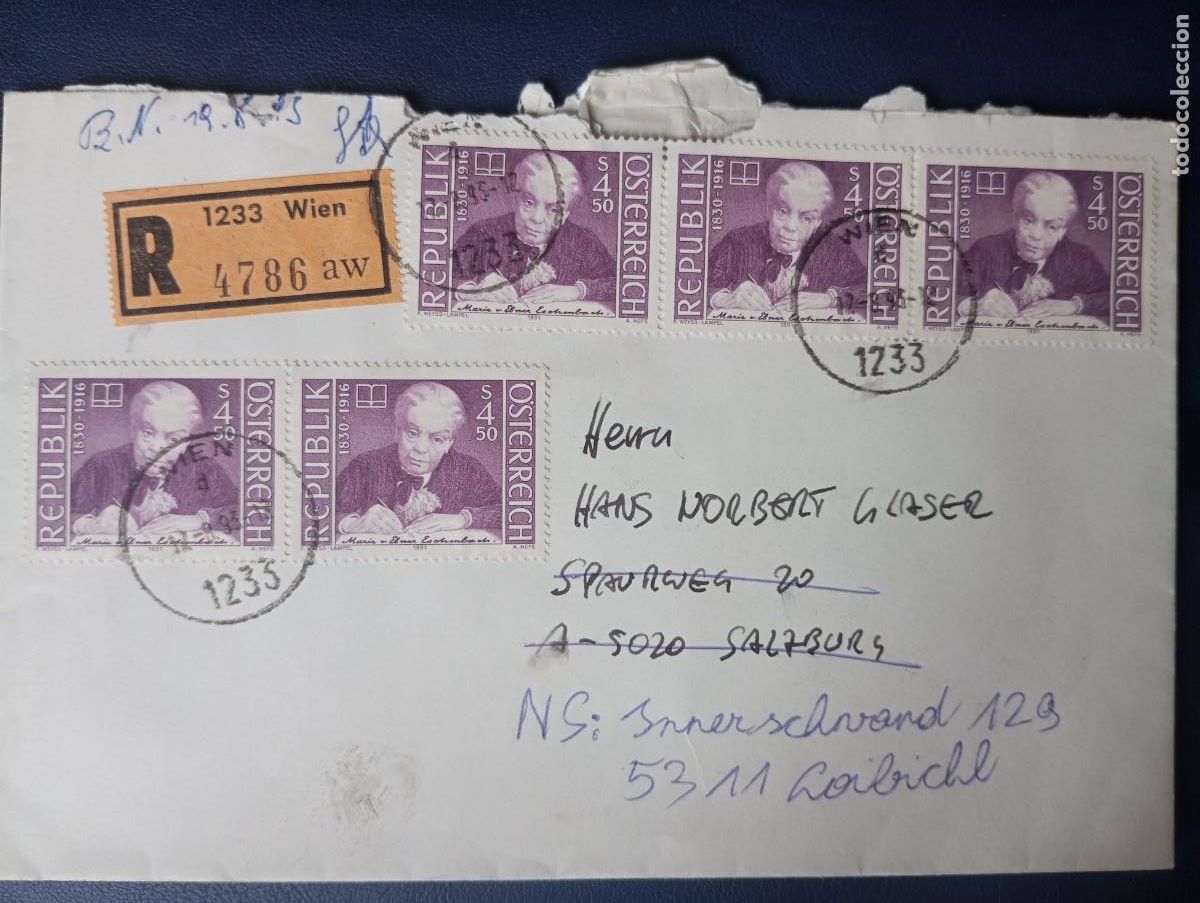 Sellos: AUSTRIA 1995, CERTIFICADO DE VIENA, SELLOS DE MARIE EBNER, ESCRITORA